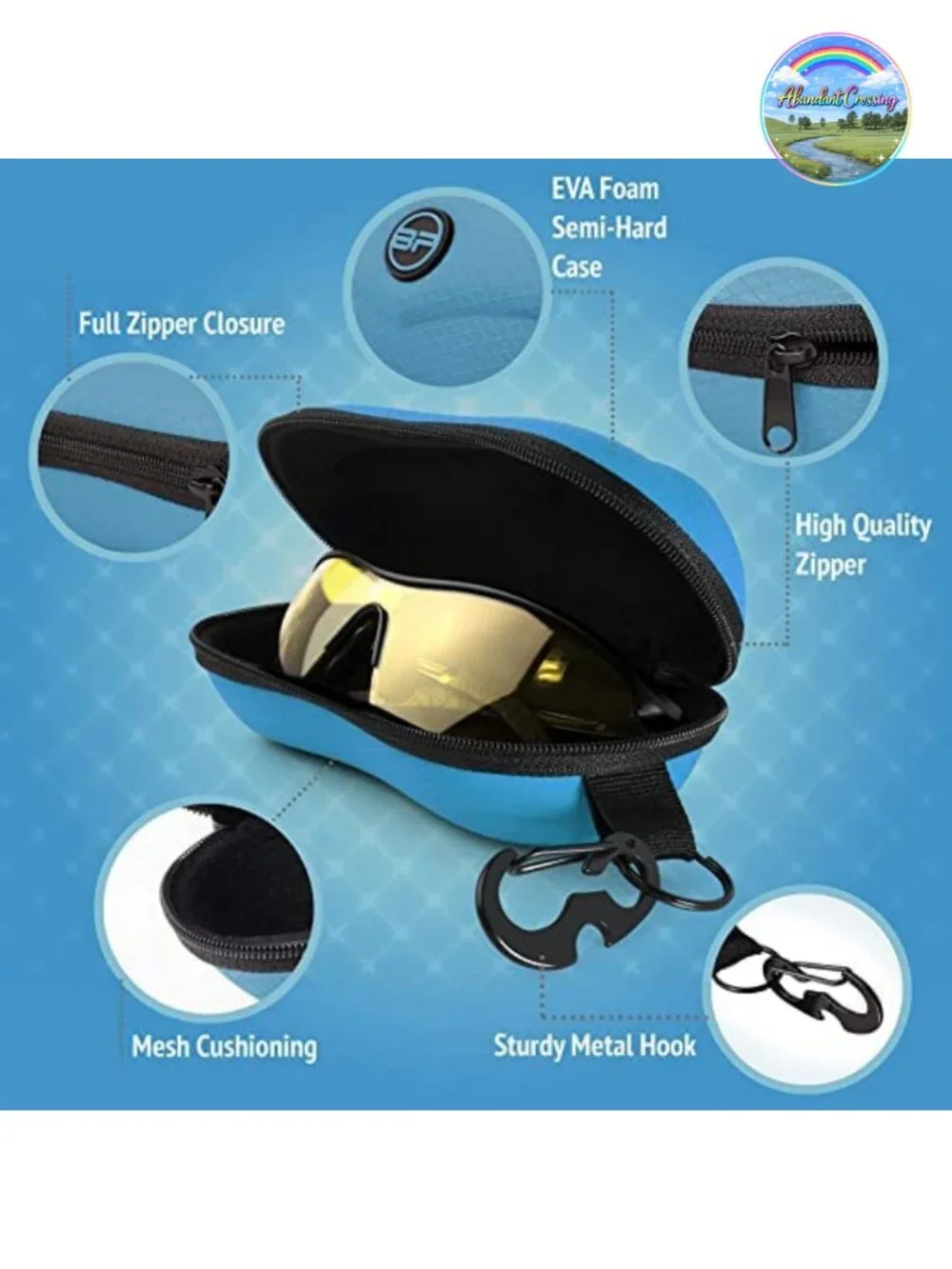 Sunglasses Case Semi Hard EVA Shell with Metal Hanging Hook Belt Clip